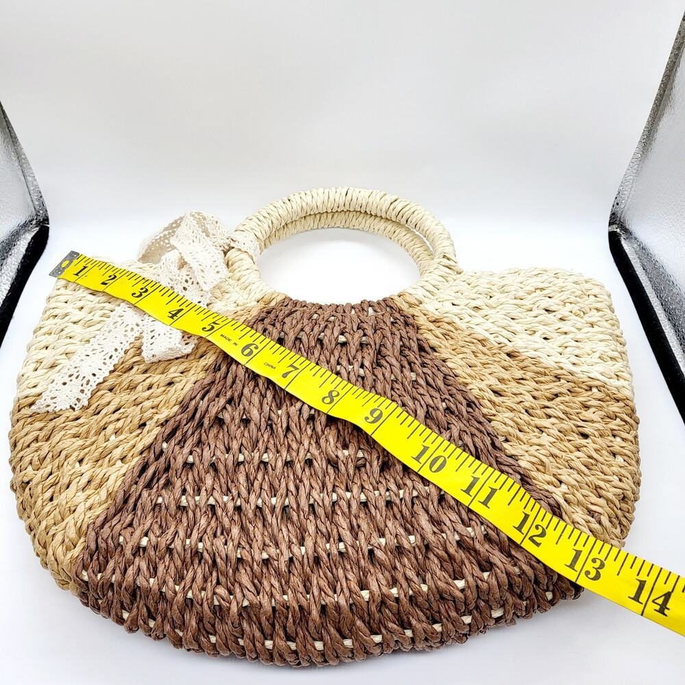 Convertible Brown Beige Colorblock Raffia Rattan Straw Handbag Purse Vacation - Picture 10 of 12